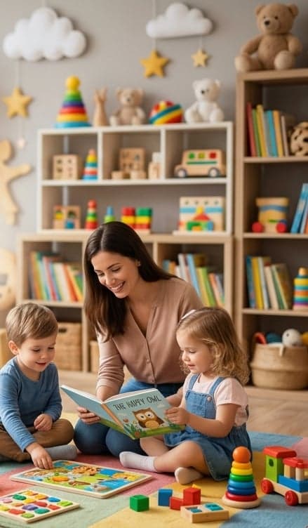 ماما تقرا حكاية لزوز صغار وسط الألعاب